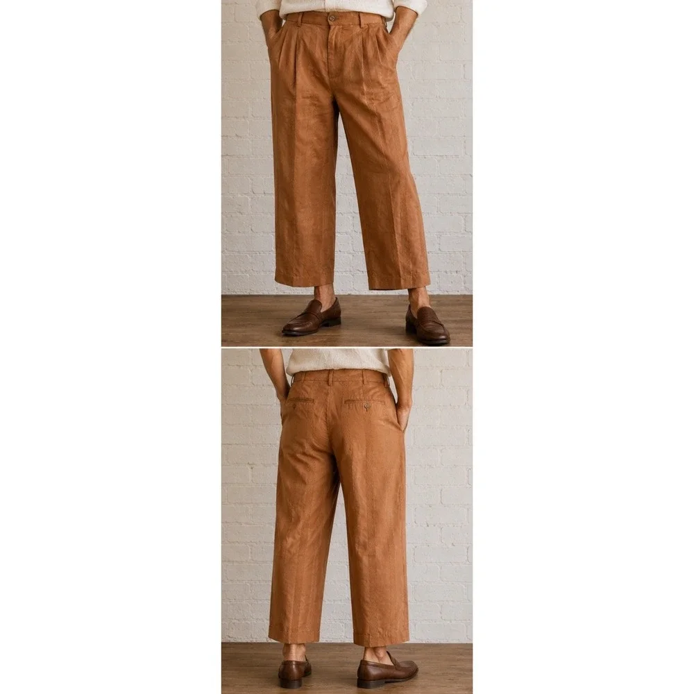 Vintage Virgola Uomo Cognac Camel Lightly Pleated Cropped Pants 36